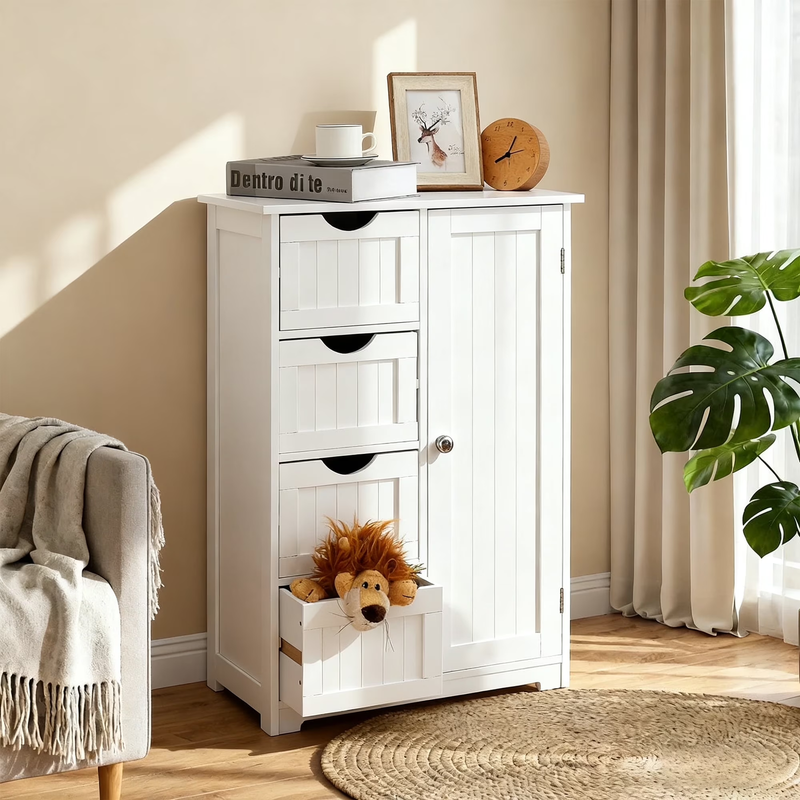 Wooden Bathroom Floor Storage Cabinet with 4 Drawers Cupboard and Shelves7