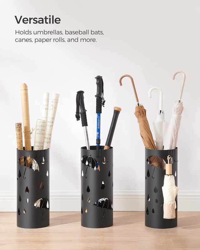Metal Umbrella Stand Round w/ Water Tray 4 Hooks 16.1" Ink Black ULUC024B012