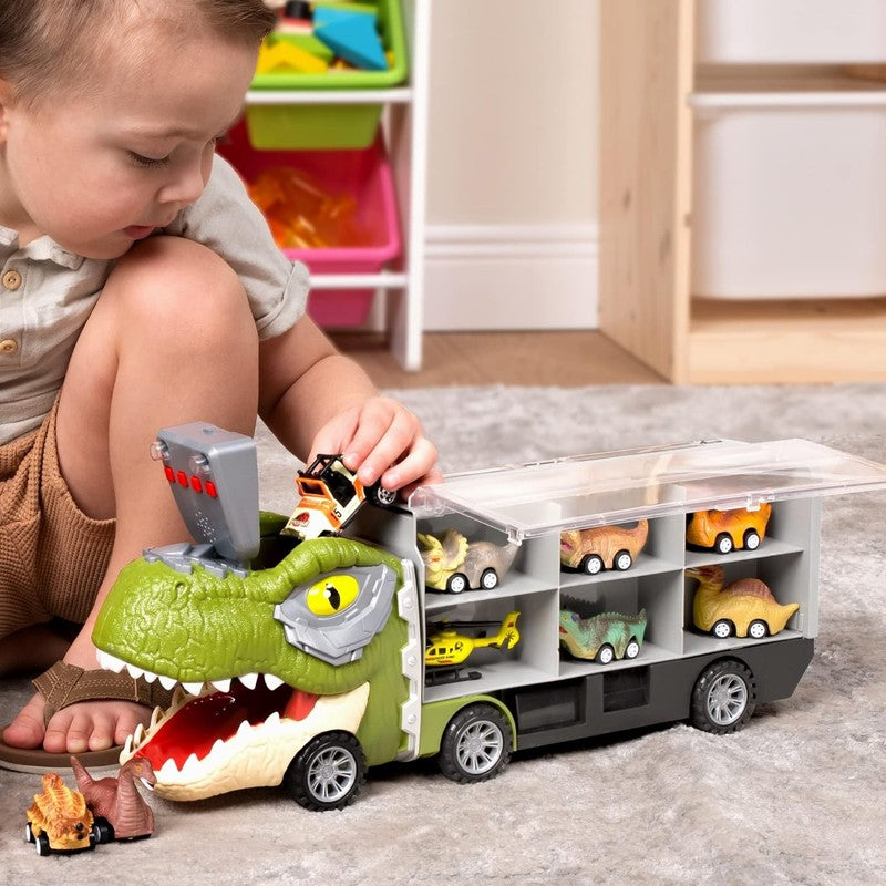 13 in 1 Dinosaur Carrier Truck with 12 Pull Back Cars Toy for Kids Ages 3 58