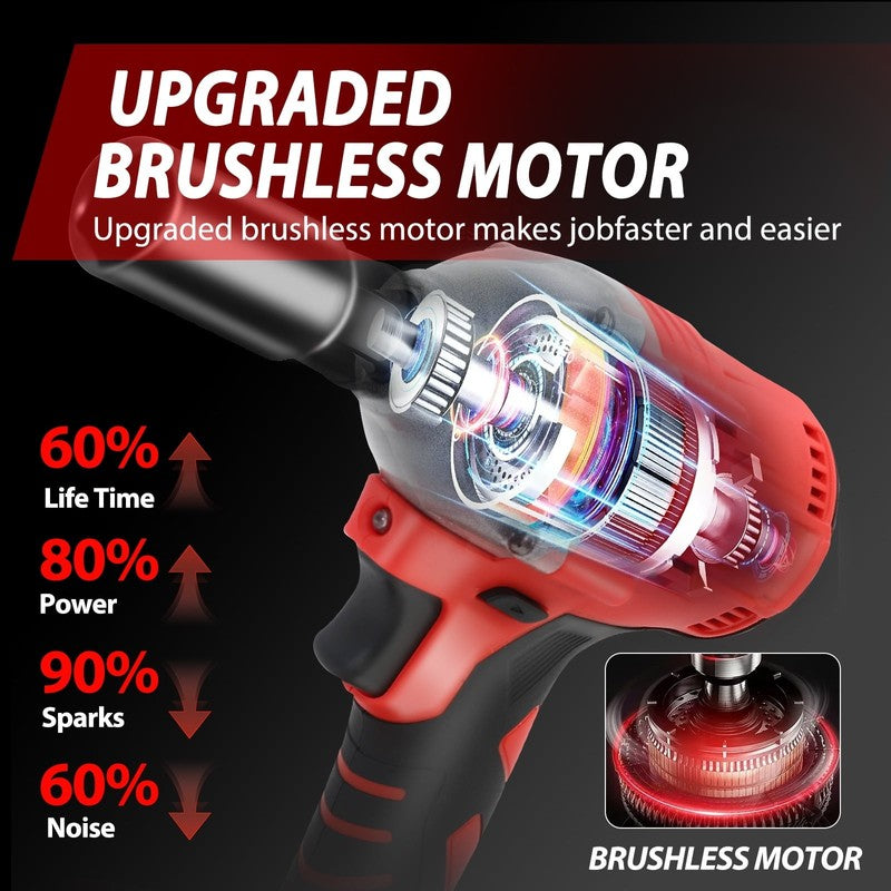 Baokaler Cordless Impact Wrench 1/2 Inch 740 Ft-Lbs Brushless with 2 Batteries F2