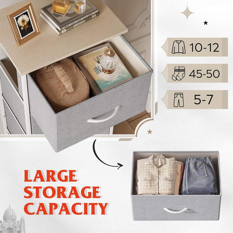 5 Drawer Tall Fabric Dresser Organizer Chest Steel Frame Light Grey4