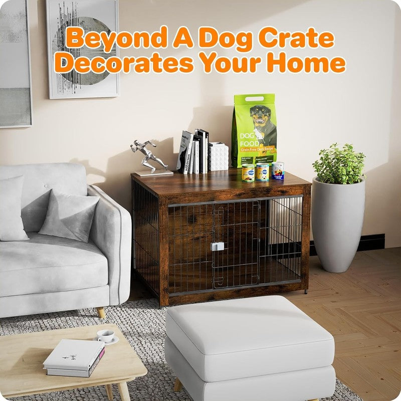 Wooden Dog Crate Furniture 33" w/ End Table Escape Proof Indoor Dog Kennel1