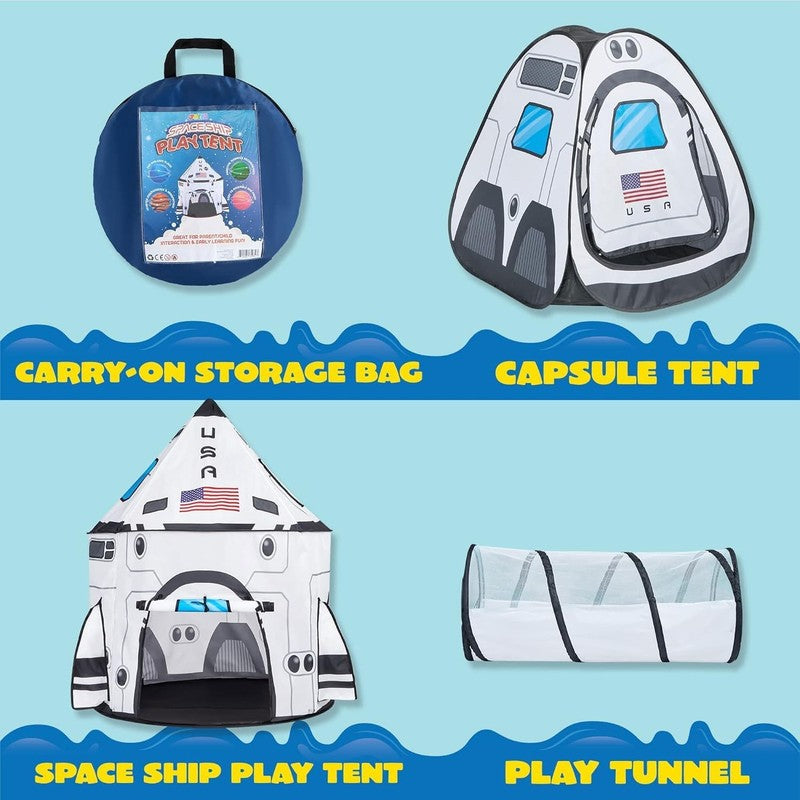 White Rocket Ship Pop up Play Tent with Tunnel and Playhouse Kids Indoor Outdoor1