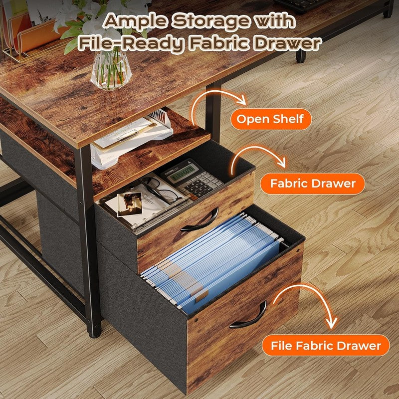 63'' L Shaped Desk w/ USB C Power Outlets Corner Office Desk Rustic Brown4