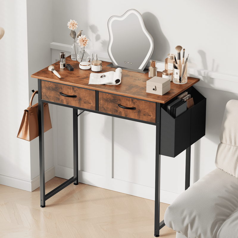 32" Small Desk w/ Fabric Drawers Vanity/Storage Desk for Bedroom Rust Brown1