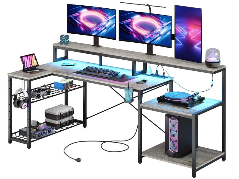 71" L-Shaped Gaming Desk with LED, Power Outlets, Monitor Stand Grey2