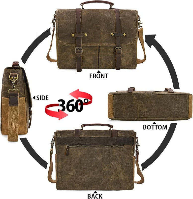 Mens Messenger Bag 15.6in Waterproof Leather Canvas Laptop Briefcase Coffee4