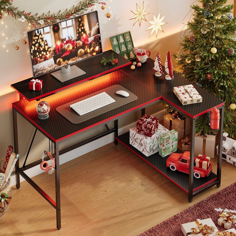 42" Reversible L-Shaped Gaming Desk LED with Monitor Stand & Headset Hooks2