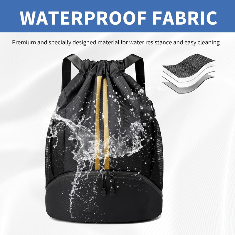 Drawstring Backpack Gym Bag w/ Shoe Compartment Water Resistant Cinch Black Gold3