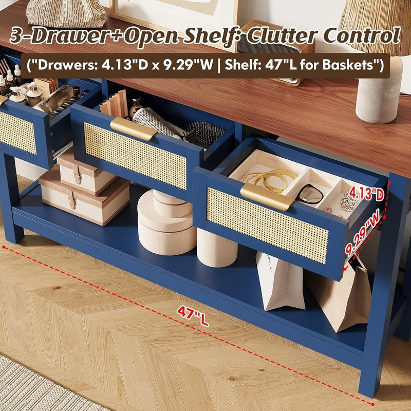 47'' Blue Entryway Console Table 3 Rattan Drawers Open Shelf Sofa Table2