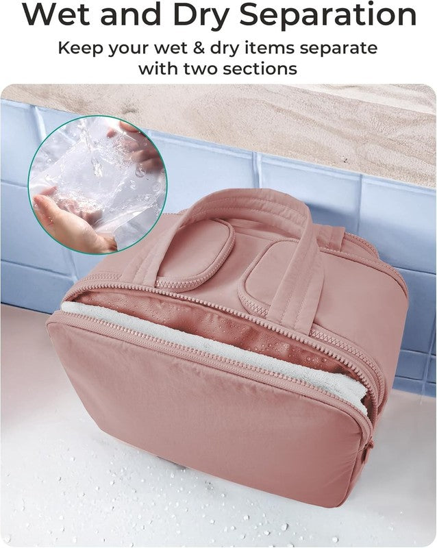 Travel Toiletry Bag Large Wide-Open Makeup Organizer Handle for Women Dark Pink3