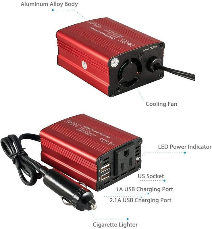 150W Car Power Inverter 12V DC to 110V AC with Dual USB Charger   Classic Red6