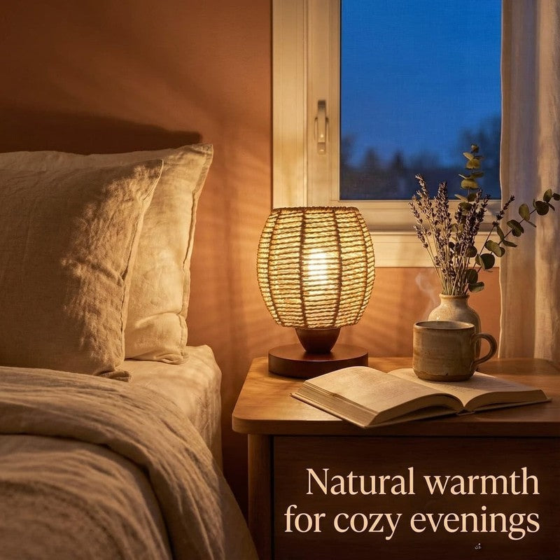 Rattan Table Lamp Boho Small Bedside Wicker Nightstand Wooden LED Lamp5