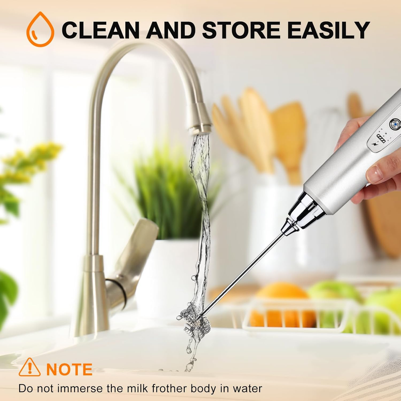 Milk Frother Handheld Rechargeable 3 Speed 3 Heads Silver Coffee Whisk6