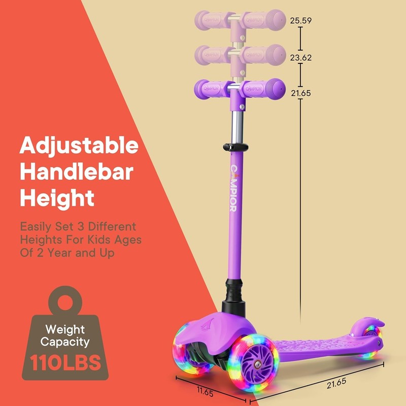 Kids 3 Wheel Scooter Lean to Steer LED Wheels Adjustable Handlebar Purple5