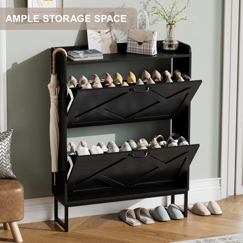 Shoe Cabinet 2 Flip Drawers Freestanding Slim Farmhouse Entryway Black3