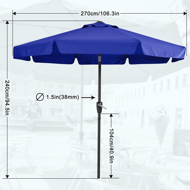 9FT Patio Umbrella with Crank Tilt 8 Ribs UV Fade Resistant Blue2