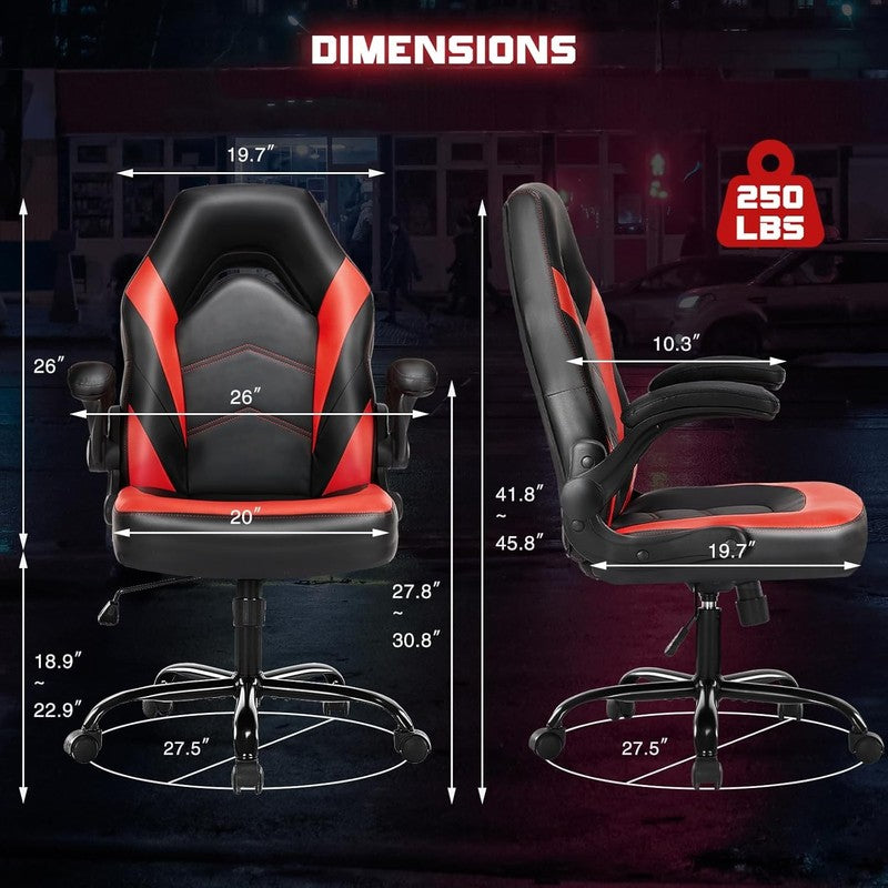 Ergonomic Gaming Chair with Flip-Up Armrests, Adjustable Height, Red PU Leather2