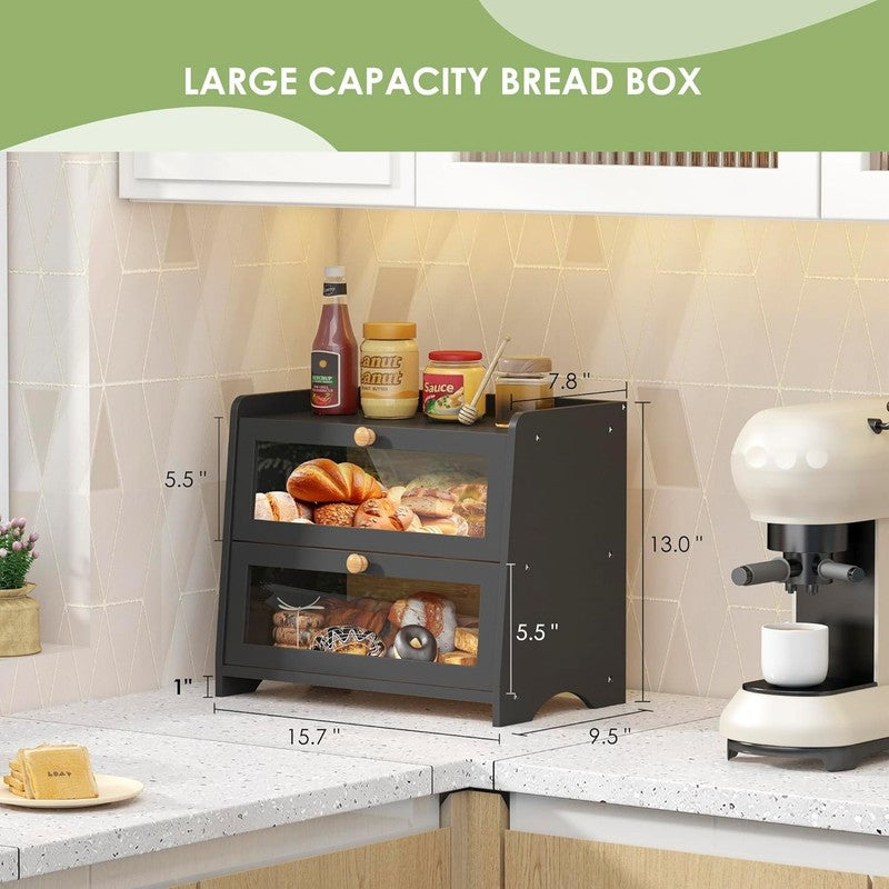 Double Layer Bread Box Large Wooden Farmhouse Bread Storage with Windows1