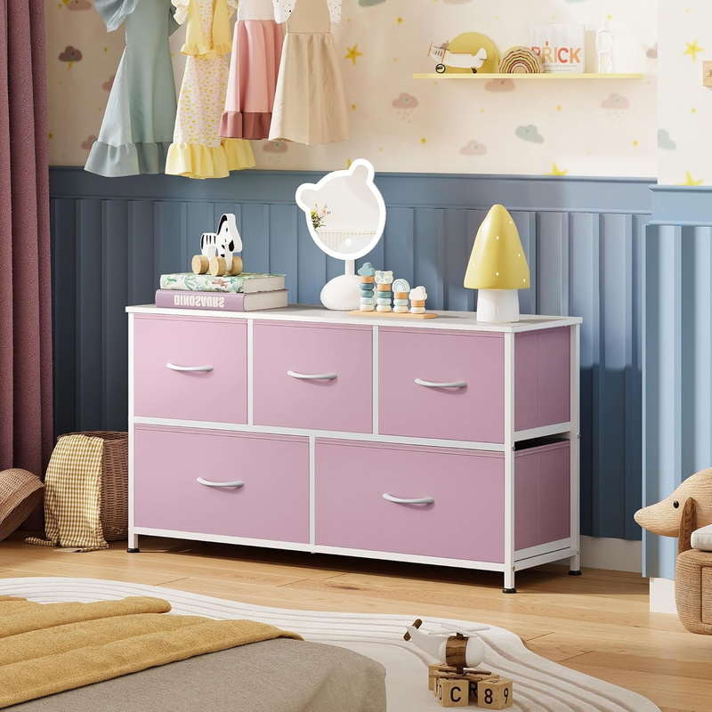 5 Drawer Fabric Dresser Chest Storage Organizer Bedroom Closet Pink A-Pink7