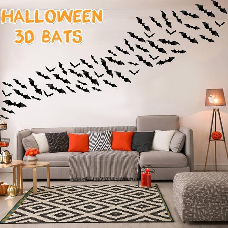 120-Piece 3D Halloween Bat Wall Decor – Waterproof Black Bat Stickers in 4 Sizes5
