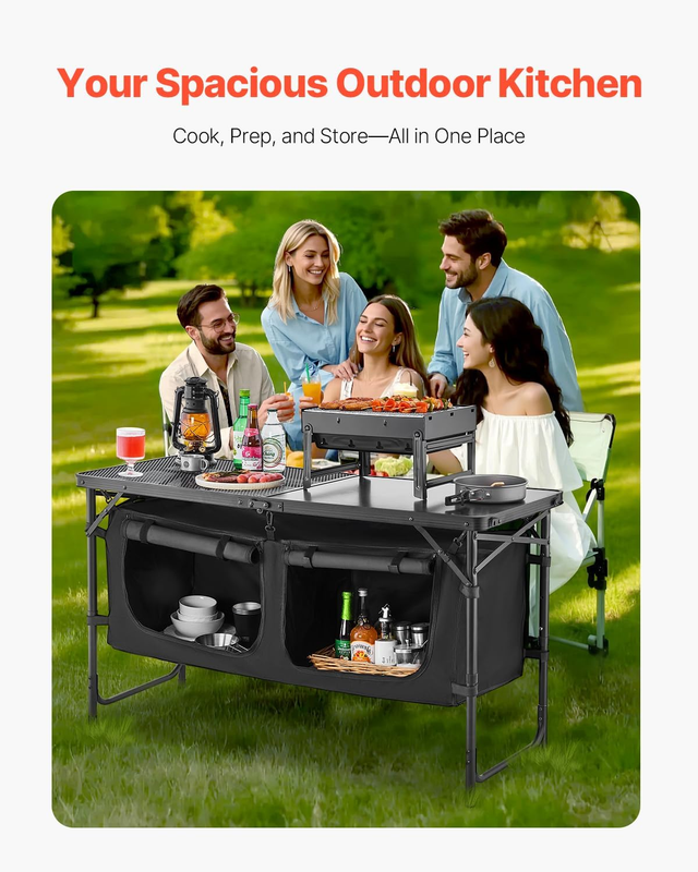 Camping Kitchen Table Folding Adjustable Height Cooking Station BBQ Storage Blac3
