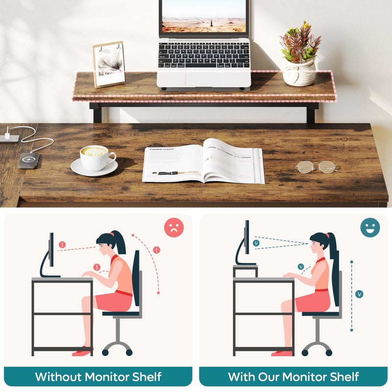 52" L-Shaped Computer Desk LED with Power Outlet & Monitor Stand Rustic3
