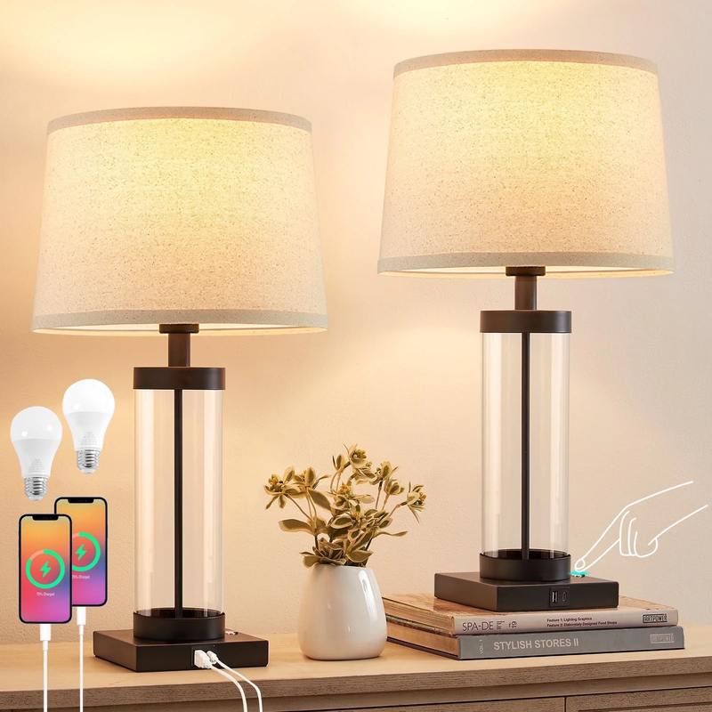 Dimmable Glass Table Lamps Set of 2 with USB Ports for Modern Living Room7