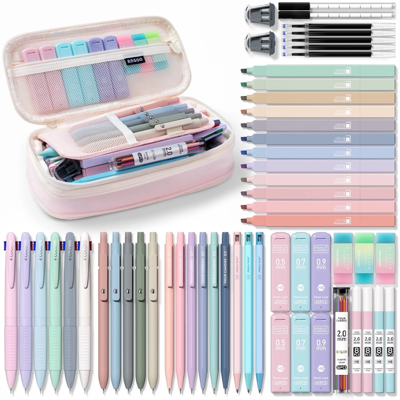 56 PCS Aesthetic Supplies with Large Pencil Case, 6 Colored Ballpoint Pens, 12 P10