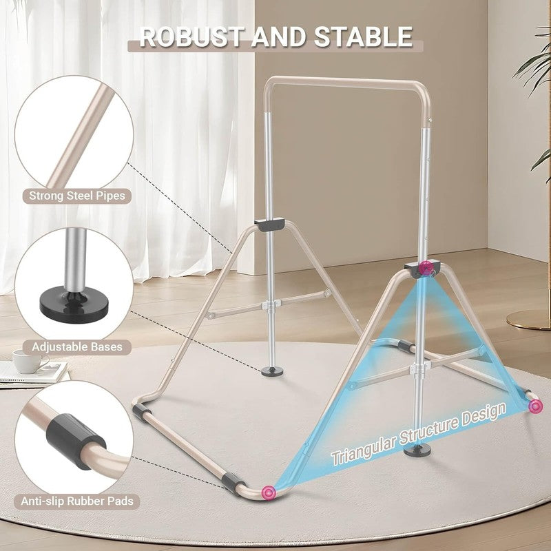 Foldable Kids Gymnastics Bar 5 Height Adjustable Indoor/Outdoor 140lb Limit3
