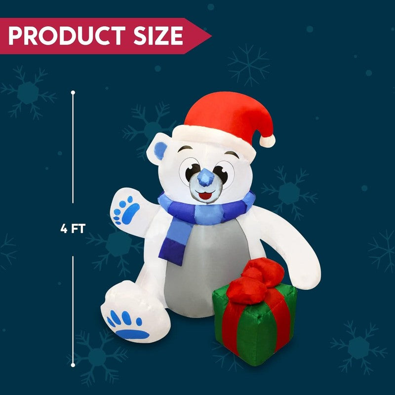 4 Ft Christmas Inflatable Polar Bear with Gift Decoration, Blow up Polar Bear wi4