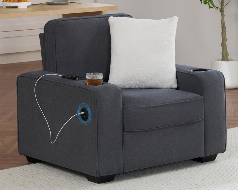 Chenille Sofa Chair Cup Holders USB Ports Upholstered Living Room Charcoal Grey0