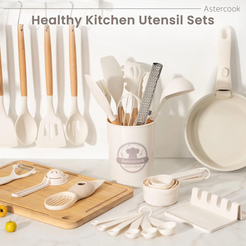 38PCS Silicone Kitchen Utensil Set Wooden Handle Heat Resistant White3
