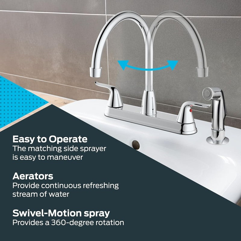 Two-Handle High-Rise Kitchen Faucet with Sidespray, Stainless Steel, EZ-102013