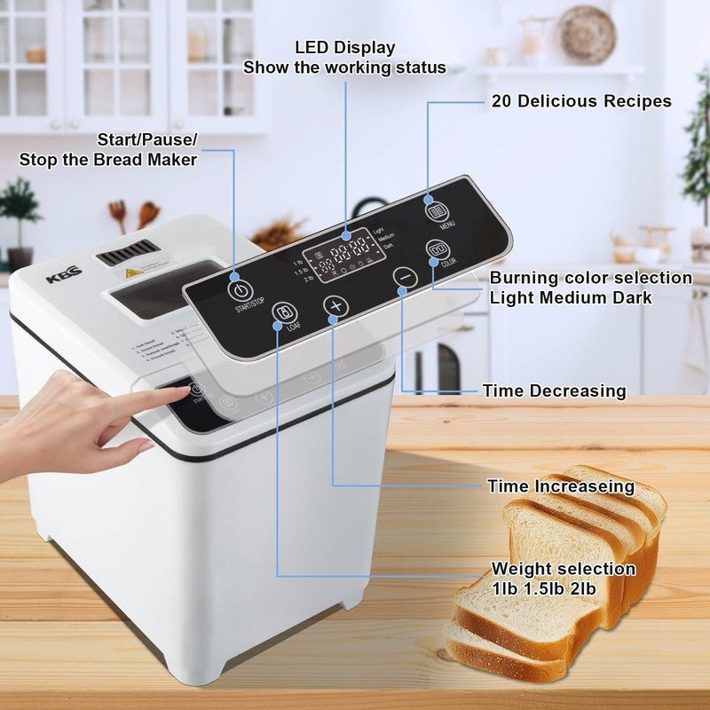 2LB 20-in-1 Bread Maker Machine White LCD Automatic 2 Custom Menus 0701