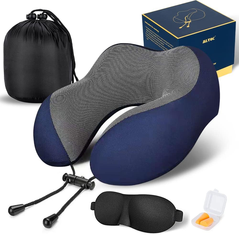 Memory Foam Travel Neck Pillow Kit w/ Eye Mask, Earplugs, Bag – Blue7