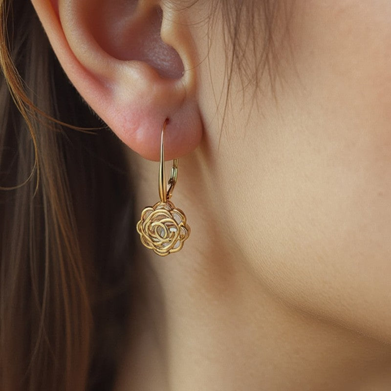 14K Yellow Gold Plated Caged with Crystals Rose Lever Back Earrings5