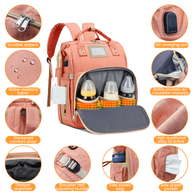 Diaper Bag Backpack w/ Changing Station USB Port Crib Pink Large4