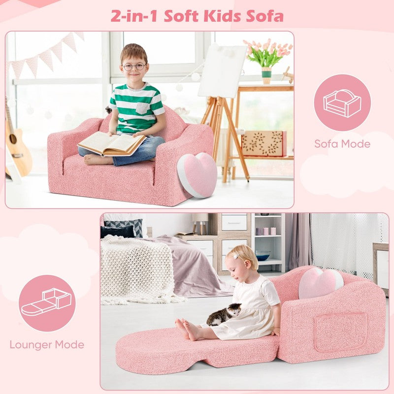 Kids 2 in 1 Toddler Couch Fold Out Soft Convertible Chair Pink for Boys & Girls3