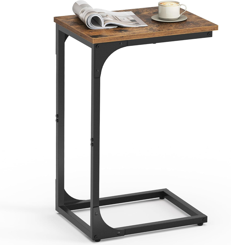 C Shaped Side Table, Sofa End Table with Metal Frame, Rustic Brown & Black8