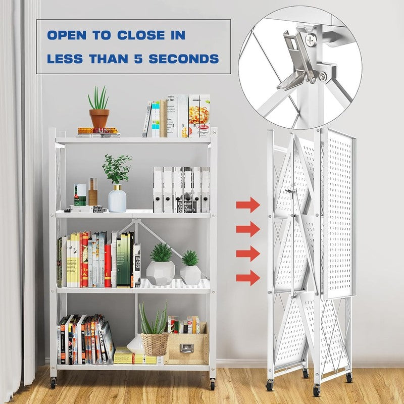 4 Tier Foldable Storage Shelf w Wheels Metal Rolling Rack Kitchen Pantry Office6