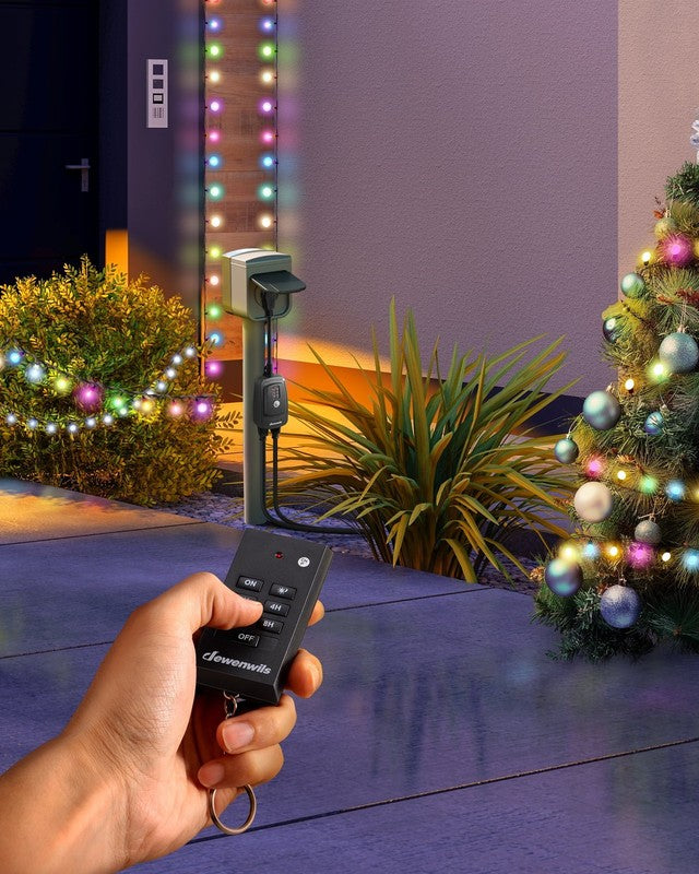 Outdoor Light Sensor Timer w/ Remote, 2 Outlets, 100FT Range, Waterproof Plug in6