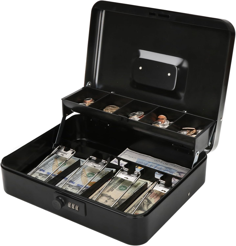 Locking Large Metal Cash Box with Money Tray, Money Box with Combination Lock, B10