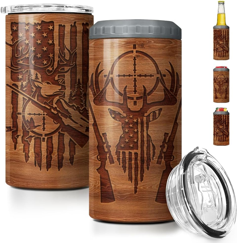Hunting Tumbler Wood Style American Flag 4-in-1 12oz Can Cooler Stainless Steel8