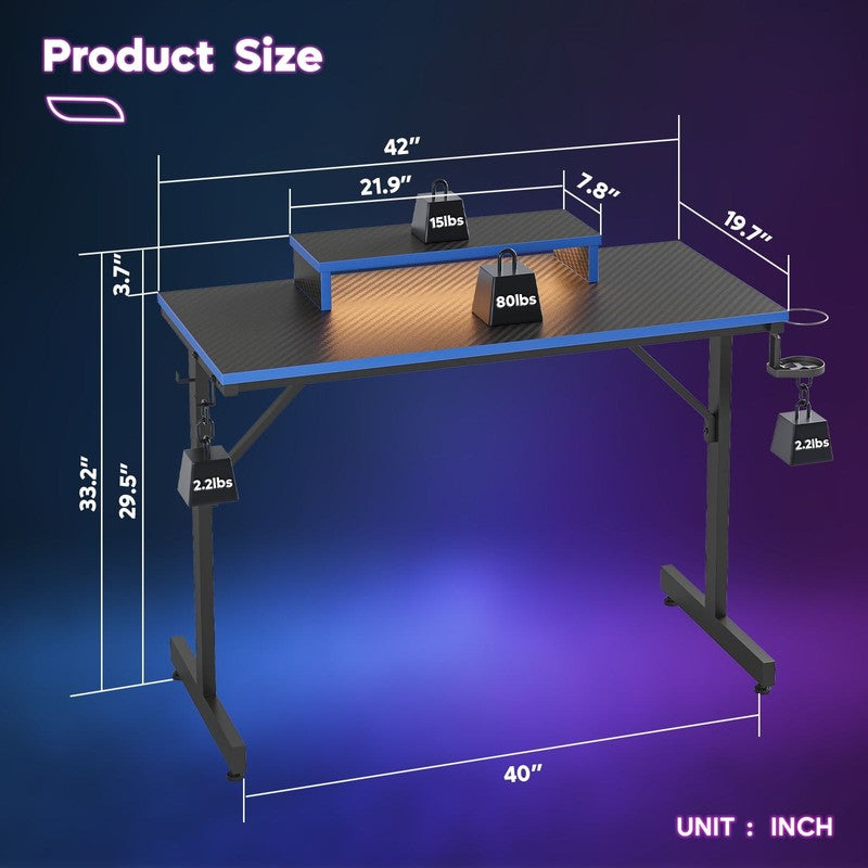 42" Gaming Desk PC Table w/ LED Lights, Monitor Stand, Hook & Cup Holder Blue3
