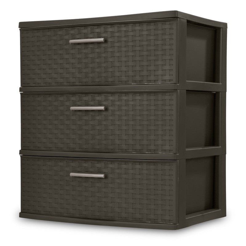 3 Drawer Wide Weave Tower, Plastic Décor Drawers with Pull Handles, Brown6
