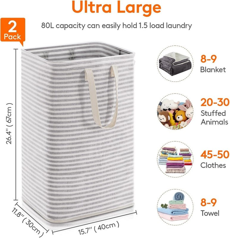 2 Pack 80L Laundry Hampers, Large Collapsible Clothes Baskets with Handles, Grey3