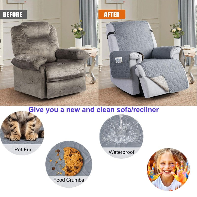 Waterproof Recliner Chair Cover Gray 28" 5-Layer Anti-Slip with Side Pockets2