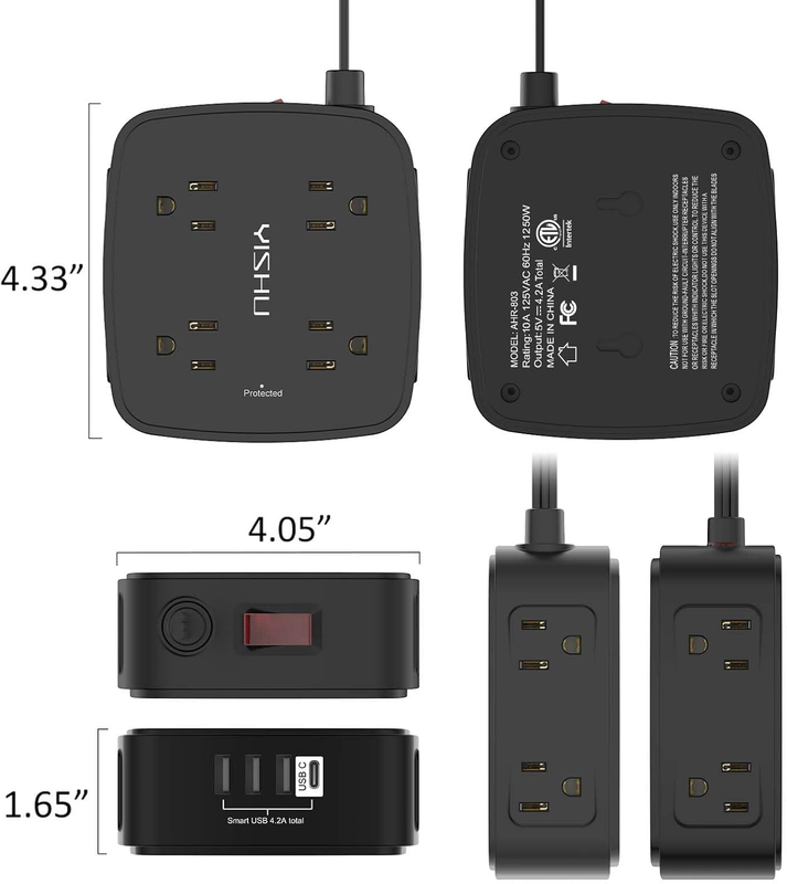 6FT Surge Protector Power Strip 8 Outlets 4 USB Ultra Flat Plug Black6