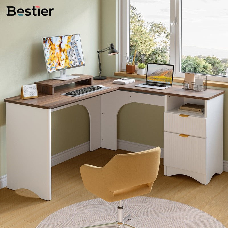 55" L-Shaped Desk with Drawers, Monitor Stand & Fluted Panels White/Walnut7